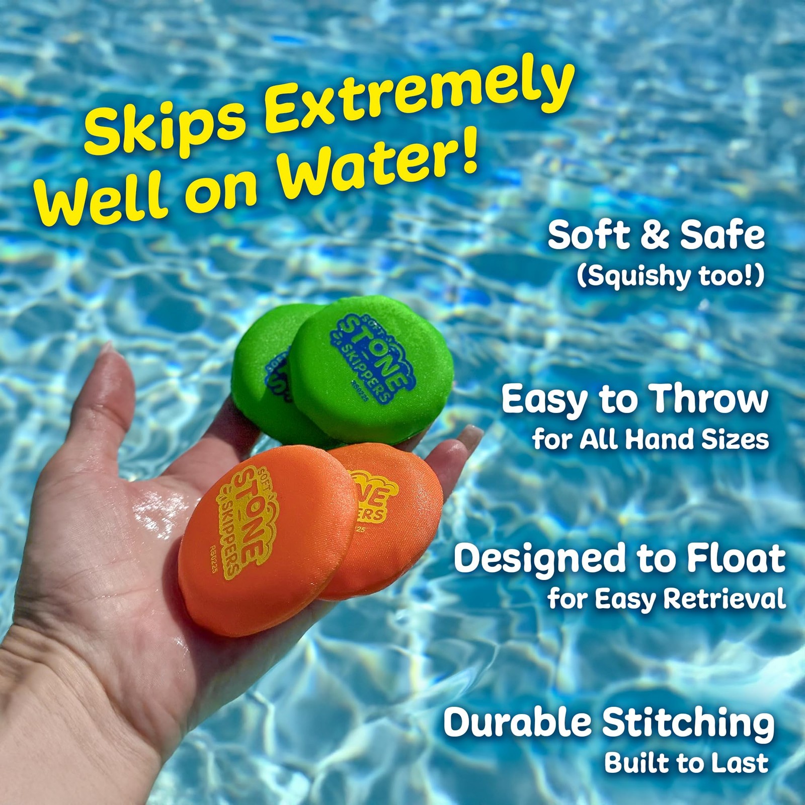 Soft Stone Skippers Game – Fun Pool Toys for Kids All Ages – 4 Orange & Green