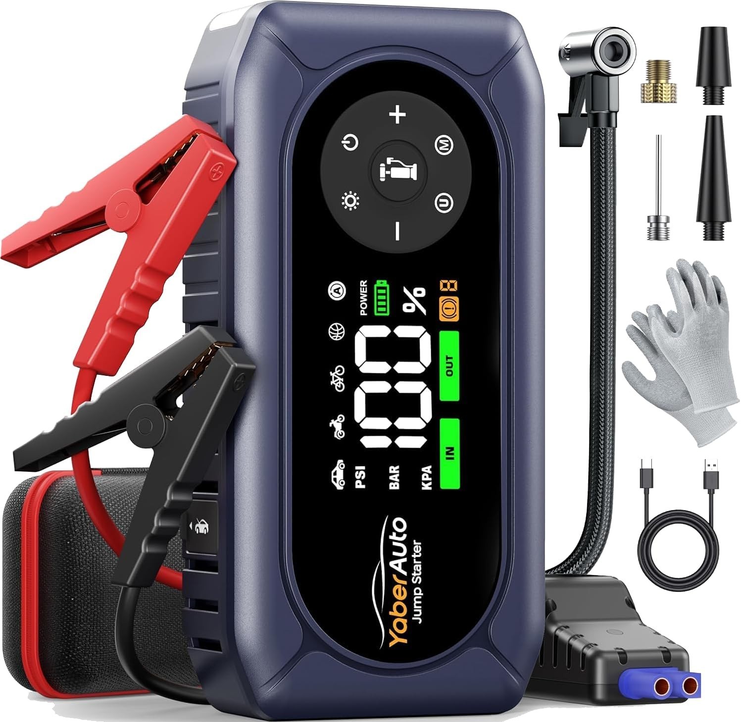 YaberAuto 9-in-1 Jump Starter with Air Compressor 4500A 150PSI Portable Car