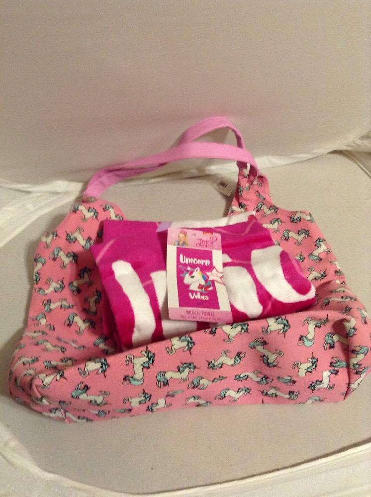 Unicorn Cotton Beach Towel (28X58) and Denim Pink Shoulder Bag w/Snap (13X17.5)