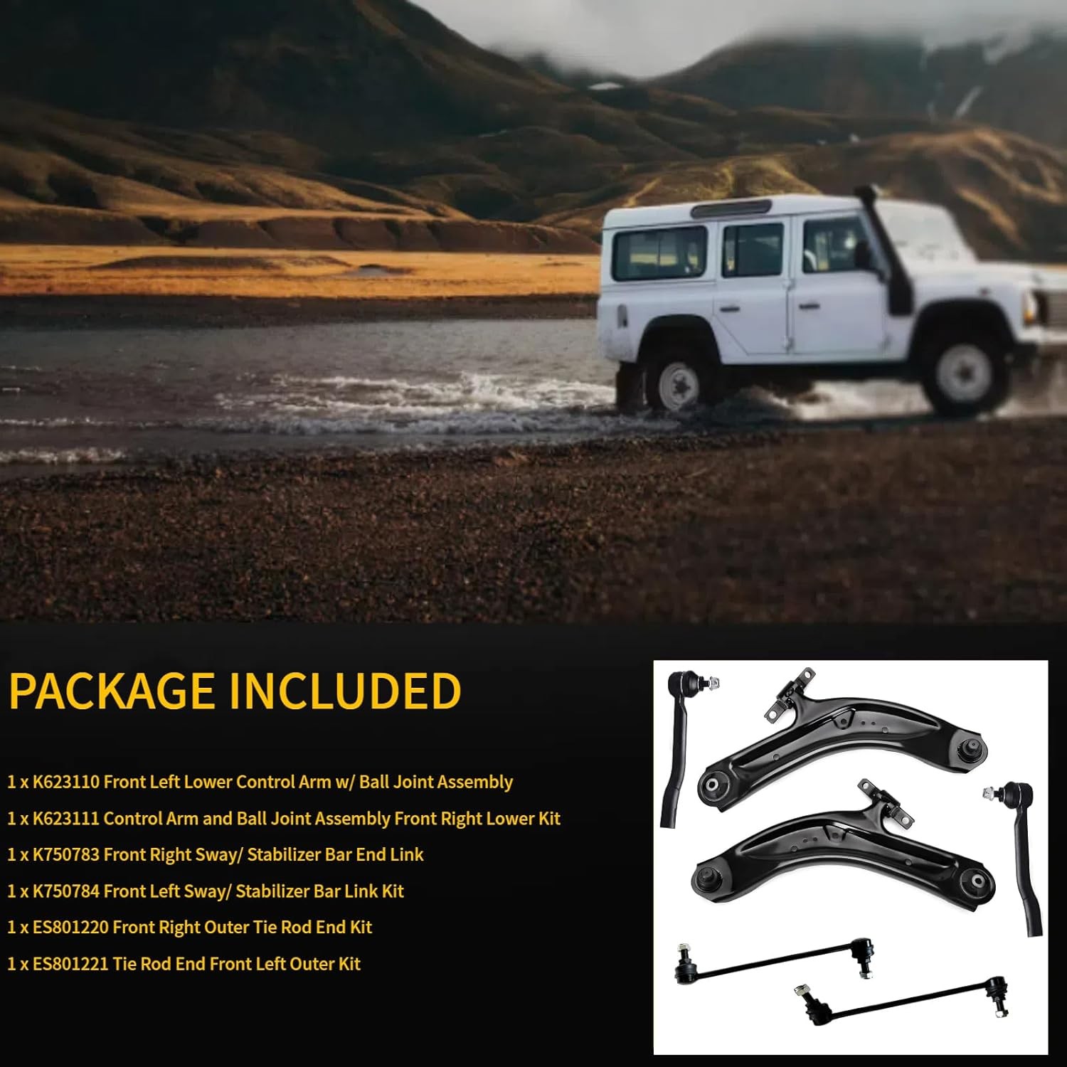 6pc Front Lower Control Arm + Front Sway Bar Link + Outer Tie Rod End Kit