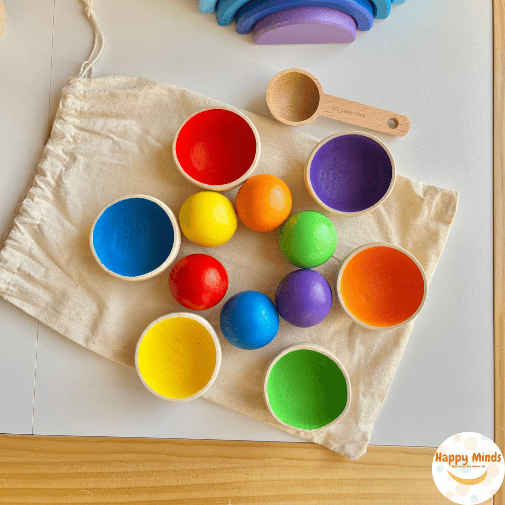 Wooden Color Sorting Bowls & Balls Montessori Toy – Fine Motor Gift Age 3+