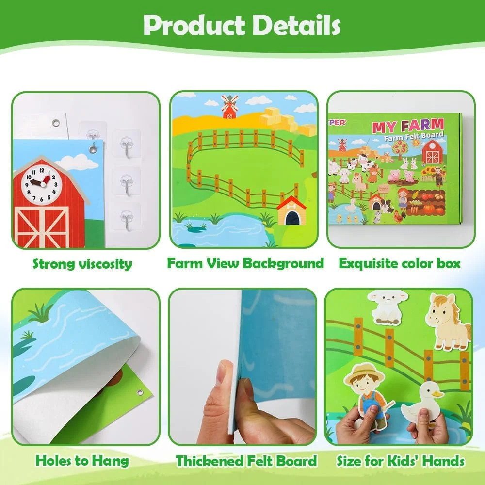 Farm Felt Story Board Set with 44pcs Animal Figures and Clock Number Learning Ch