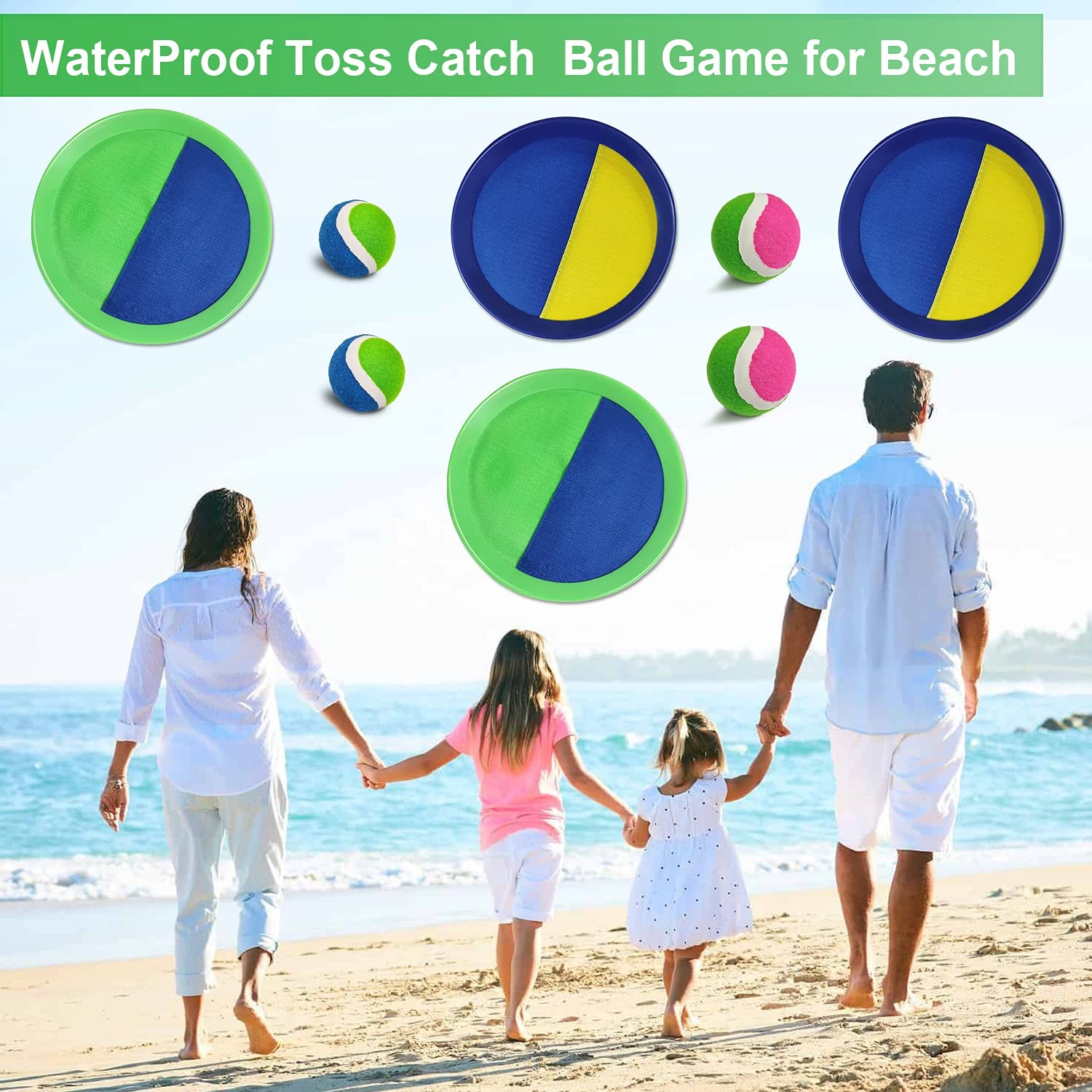 Jalunth Ball Catch Set Game Paddle – Beach Toys Medium, Green+pink 4 Pack