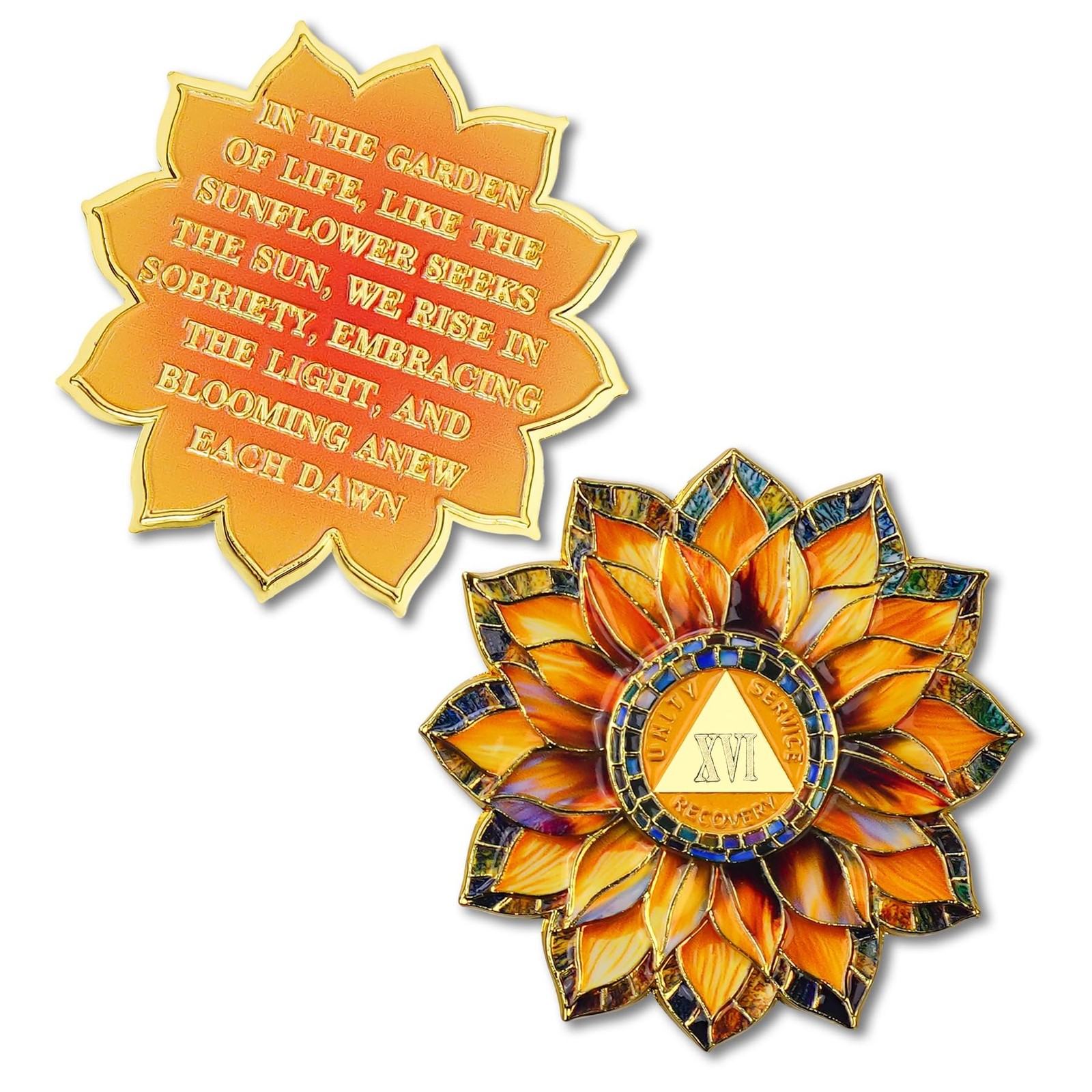 Sunflower 16 Year Sobriety Coin – Colorful Glass Broken and Rebuilt AA Coins …