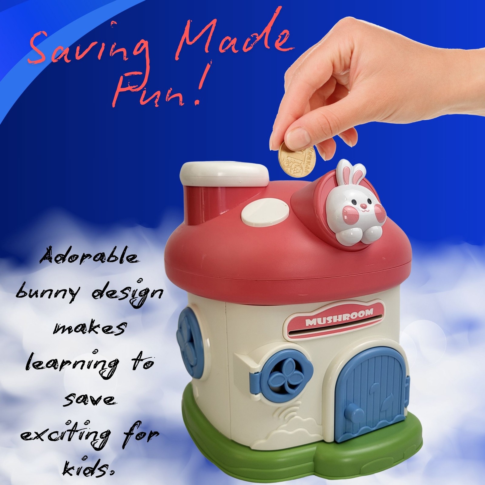 Educational Piggy Bank Mushroom House Safe Lock Kids 2 Keys BPA-Free ASTM