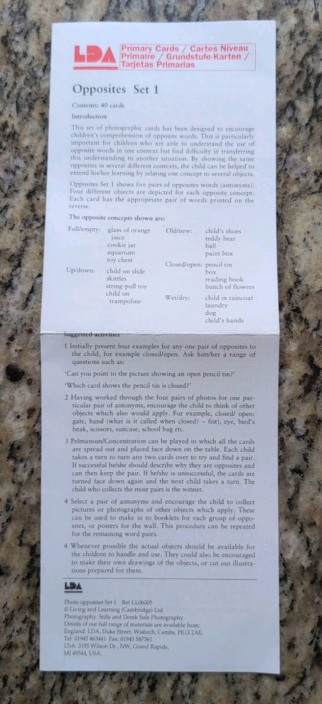 LDA Language cards Opposites Set One Skill Matching Elementary Homeschool