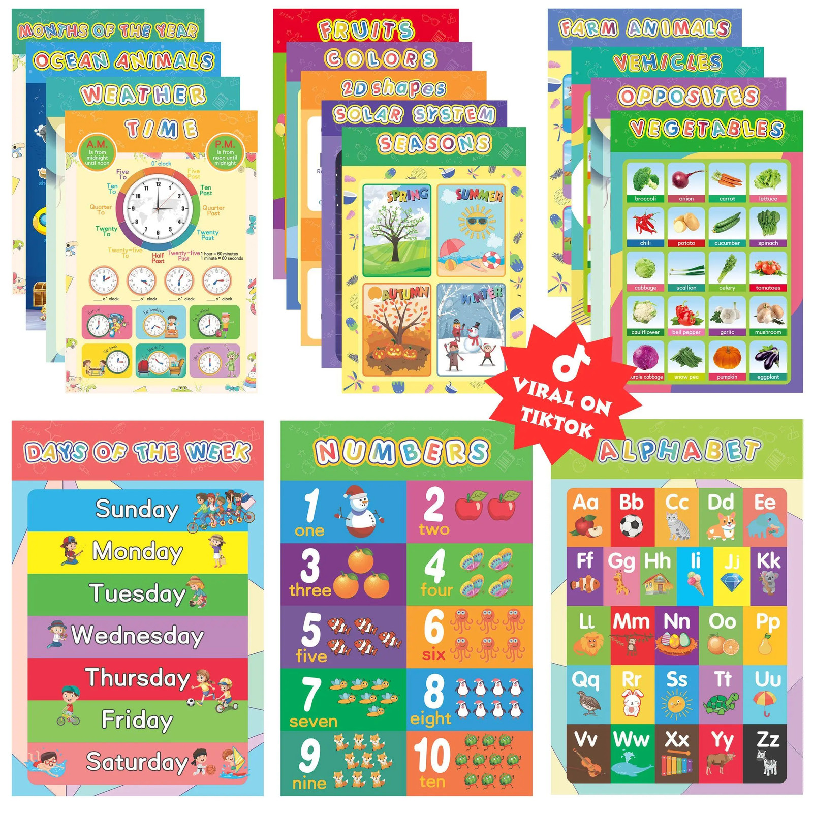 16 Educational Posters for Kids 1-3 Laminated Learning ABC Chart Numbers Colors