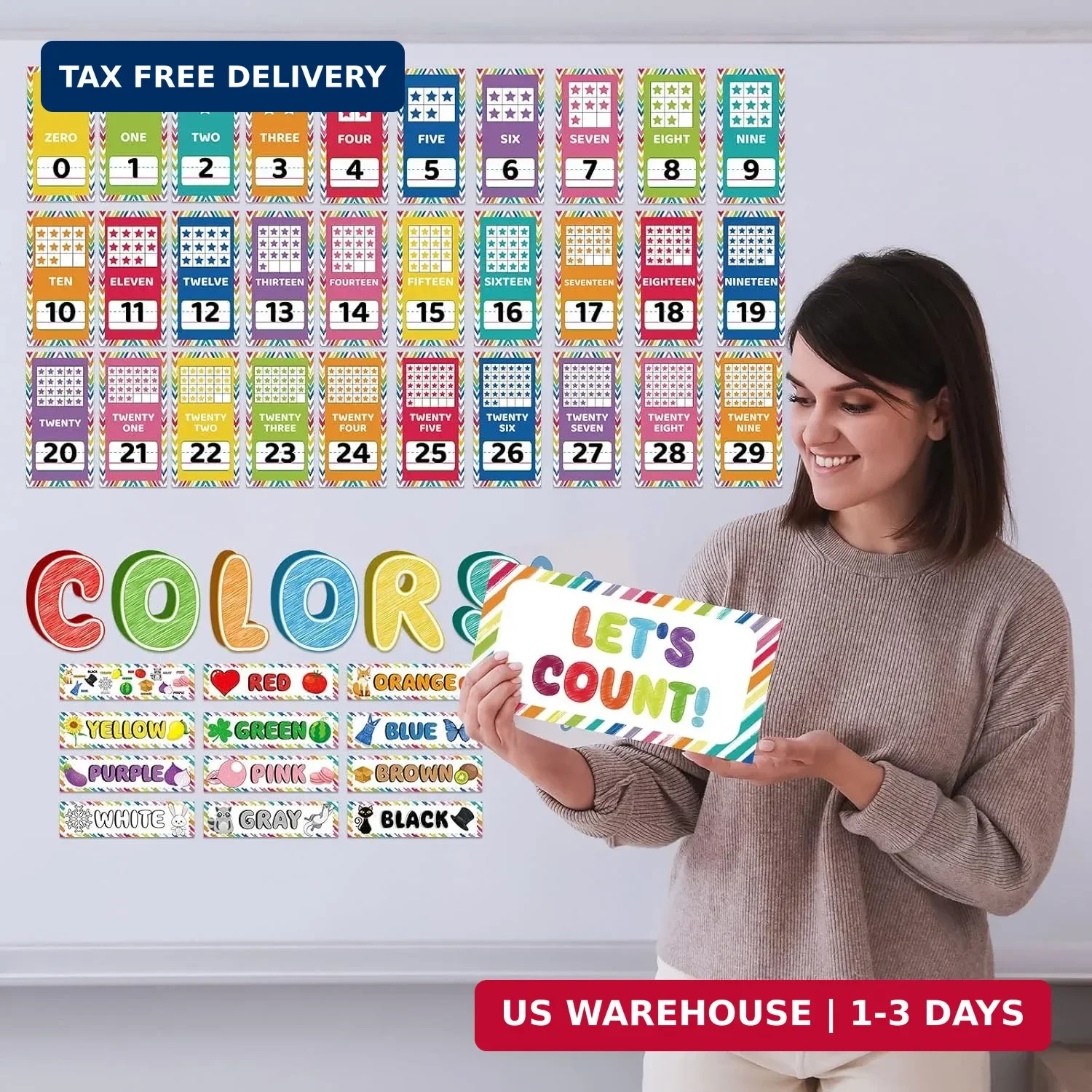 Junkin 96 Pcs Colors Shapes Bulletin Board Alphabet Number Posters Early Learnin