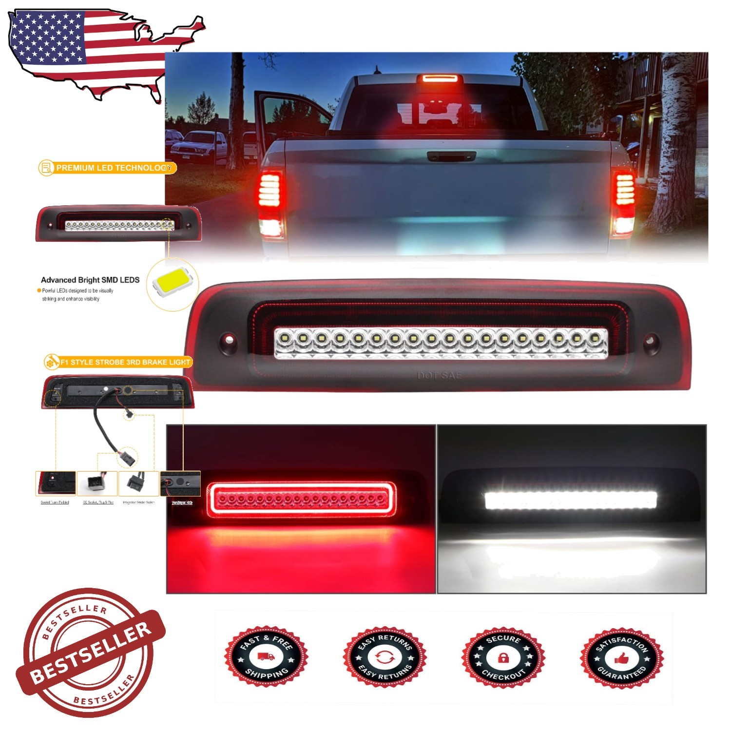 Ram 1500 3rd Brake Light LED Strobe F1 Style Red Flash Cargo Lamp