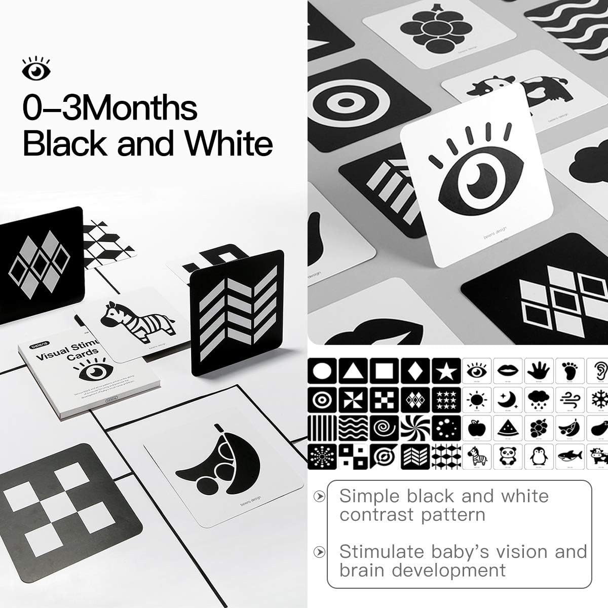Beiens High Contrast Baby Flashcard, 80 Pcs 160 Page Black White Colorful Visual