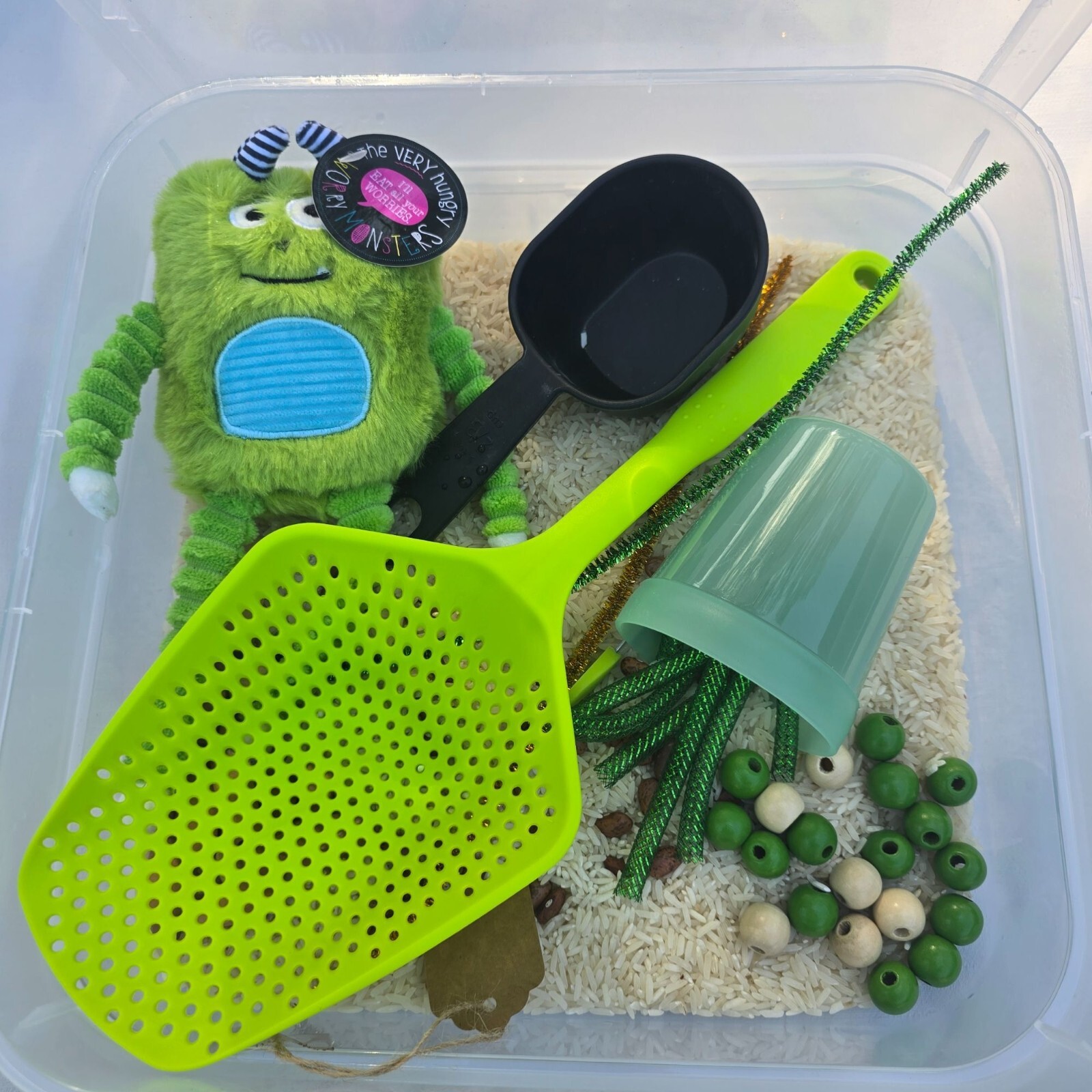 Sensory Play Kit With Monster Toy Scoops Strainer Beads & Rice In Clear Plastic