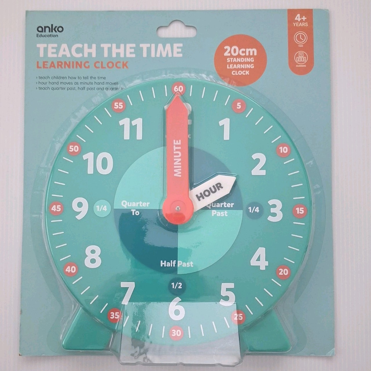 Teach The Time Learning Clock 20cm Educational Teaching Toy Kids Age 4+ New Anko