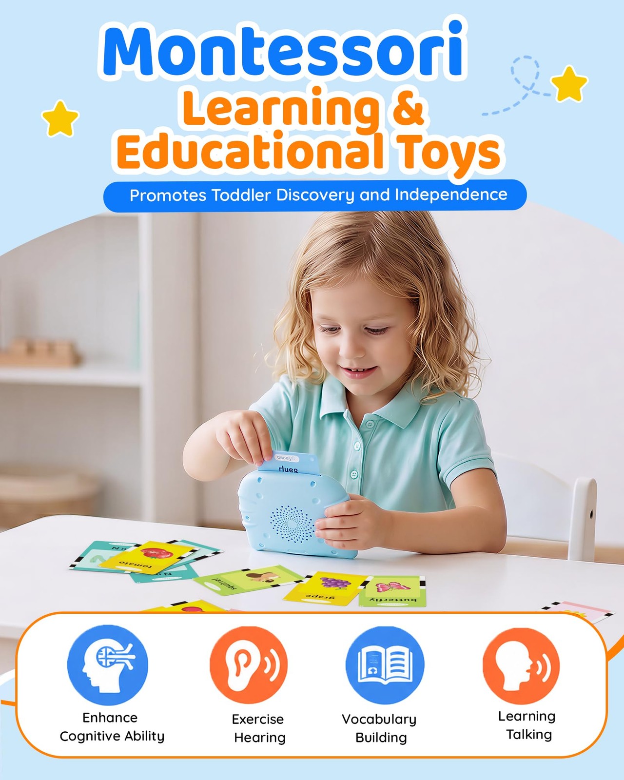 Aullsaty Talking Flash Cards for Toddlers 1-3, Upgraded 248 Medium, Blue