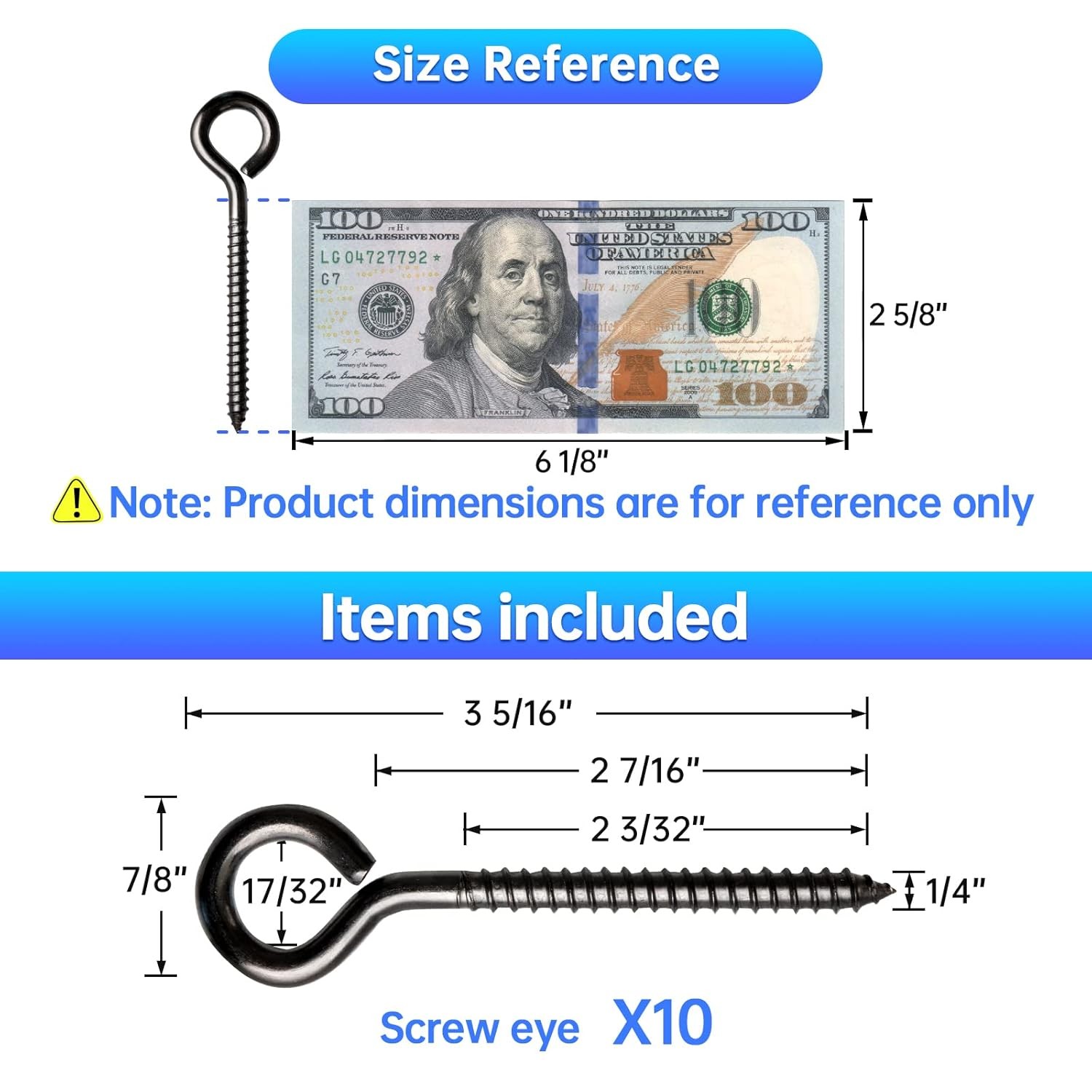 Muzata 10 Pack Black Screw Eye Hooks 3.3 Inch Stainless