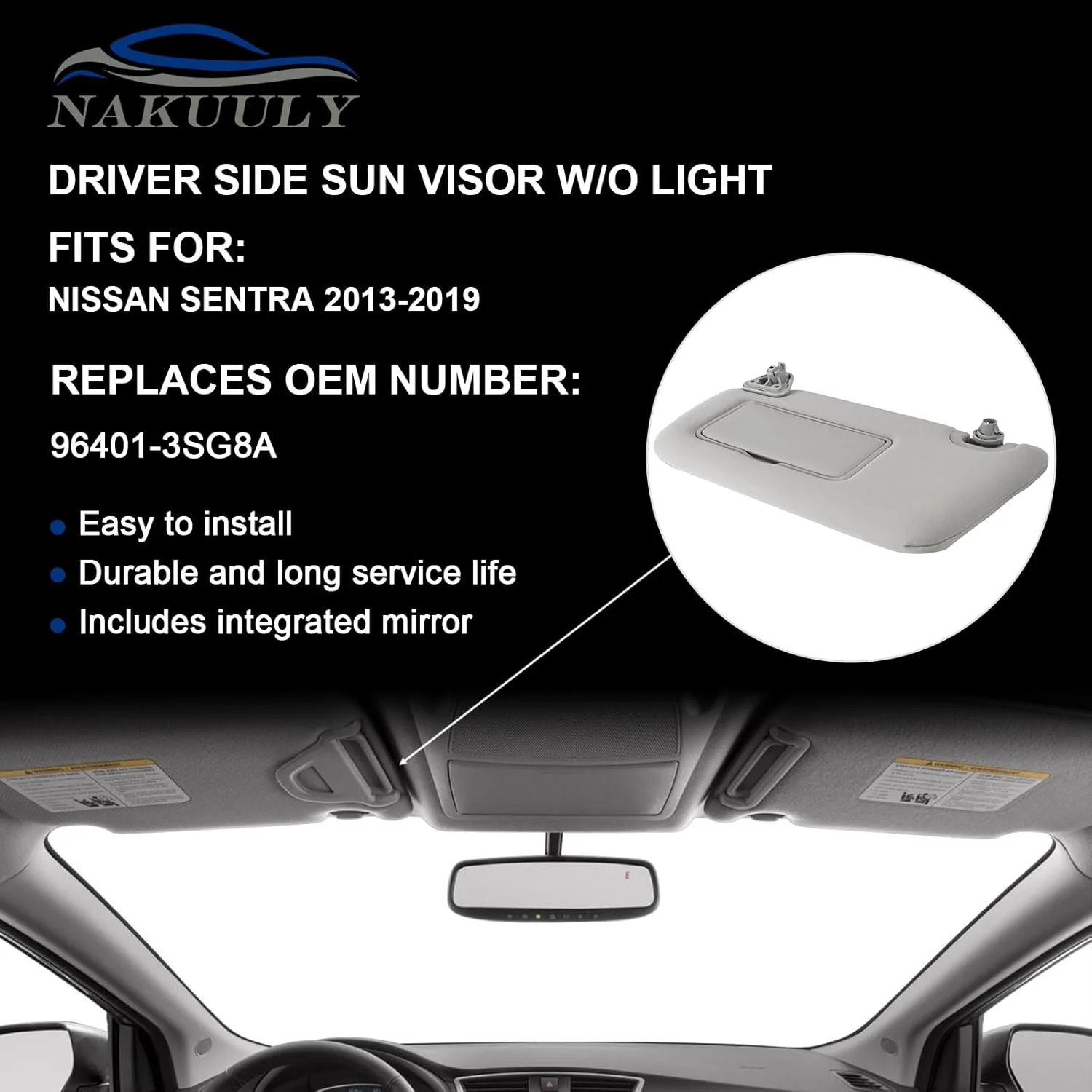 Left Driver Side Sun Visor w/o Light Compatible with Nissan Sentra 2013 2014 201