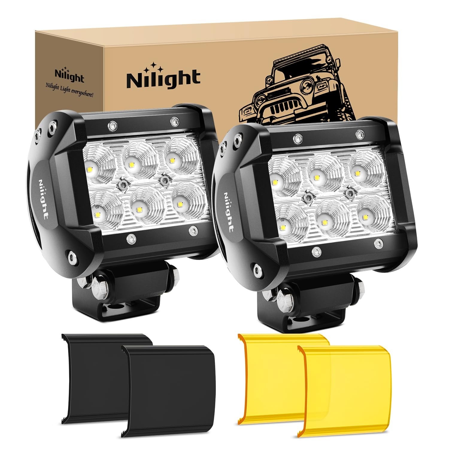 Nilight LED Light Pod with Yellow Black Covers 2PCS 18W 1260LM Flood Off Road…