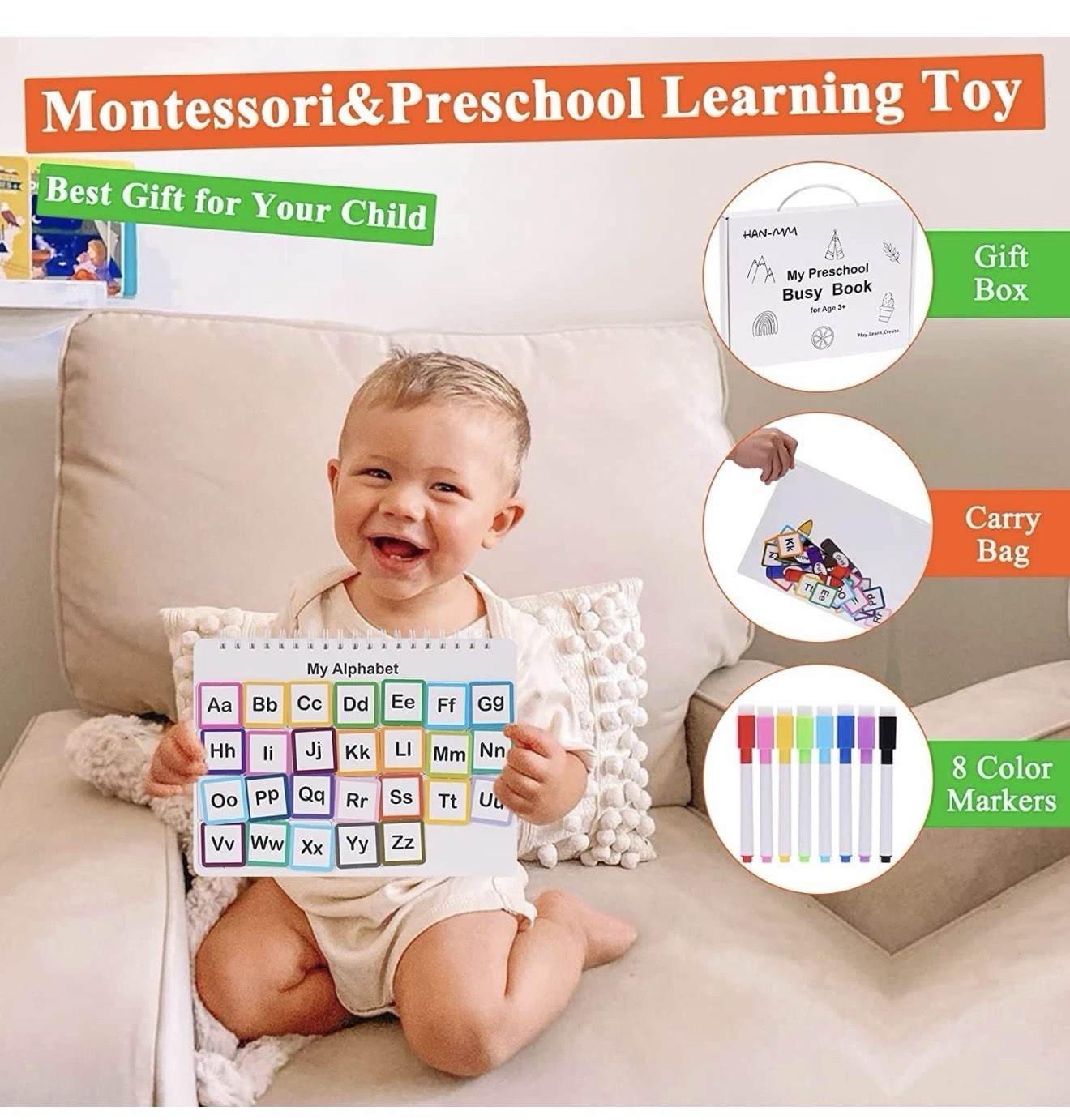 Busy Book for Toddlers – 30 Montessori Learning Themes, Activity Binder with 8 M