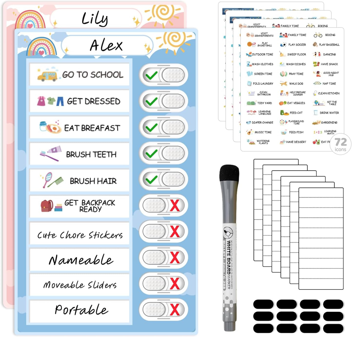 2 in 1 Namable Chore Chart – Dry Erase Morning/Bedtime Routine Chart for Kids –