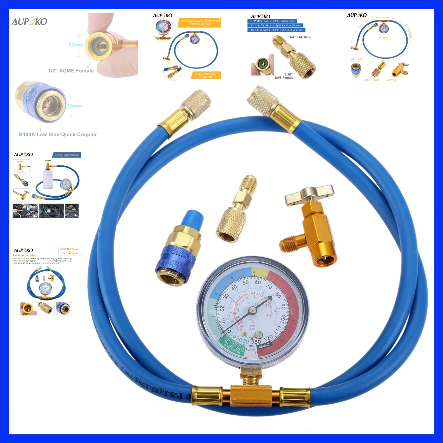 R134A Recharge Hose Kit with Gauge, 59” AC Refrigerant Recharging Hose with …