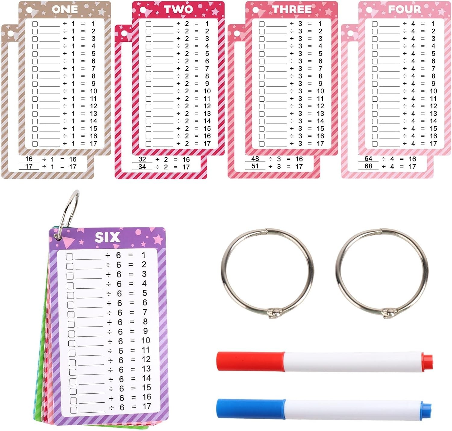 17 Pcs Division Flash Cards for Kids, Fun Math Learning Tool for Grades 1-4