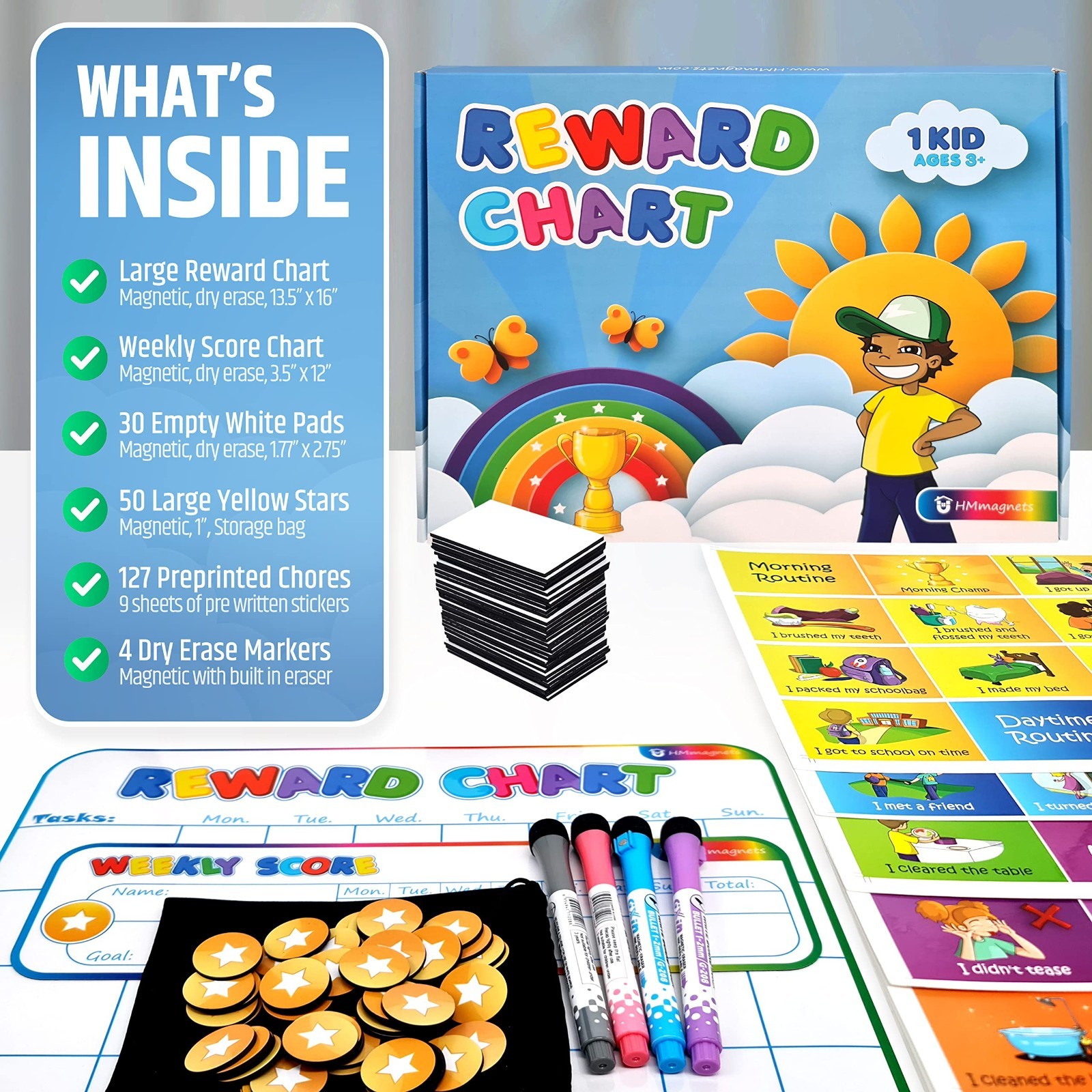 Magnetic Reward Chart for Kids – 127 Stickers & 30 Customizable Chores – Potty T