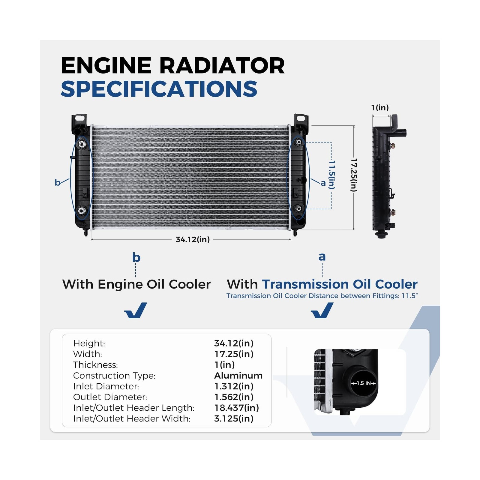 34” Engine Coolant Radiator Compatible with Chevy Silverado/Suburban/Tahoe, …
