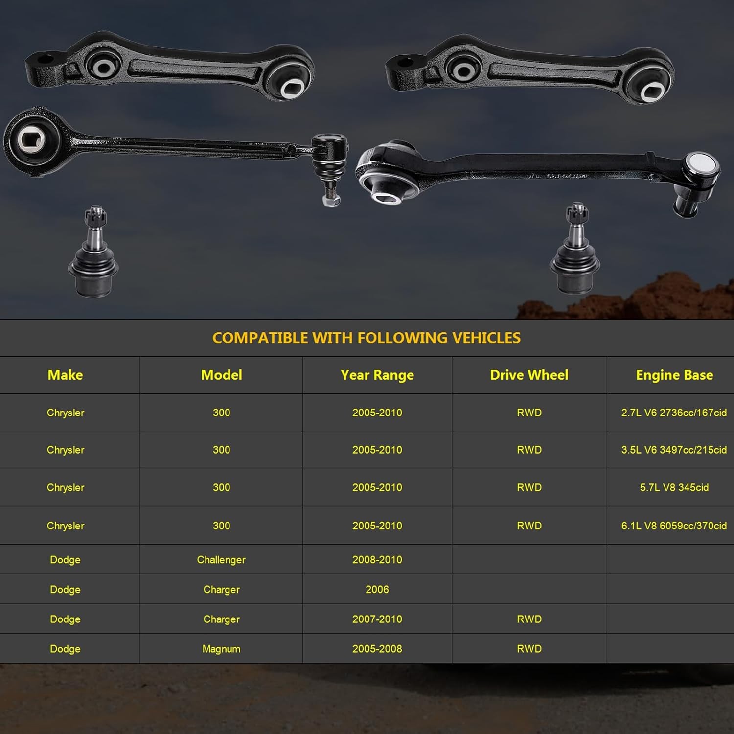 6pc Front Lower Forward Rearward Control Arm Kit for Chrysler 300 2005-2010 RWD,
