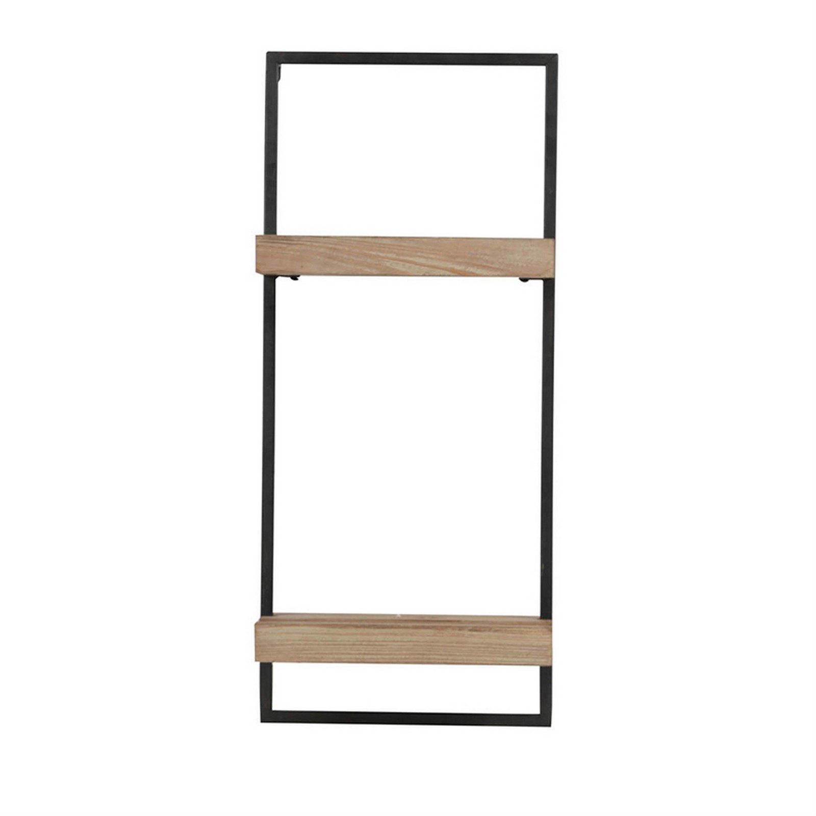 Benjara Yin 27″ Wall Shelf with 2 Tiers- Rectangular Black Iron- Brown Wood