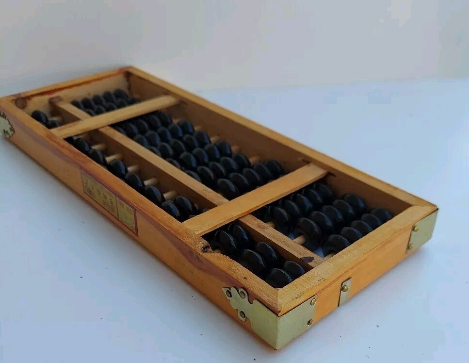 Vintage Abacus 13 Column Wood Calculator 7 Bead Rows 9½ X 4″ Metal Corners