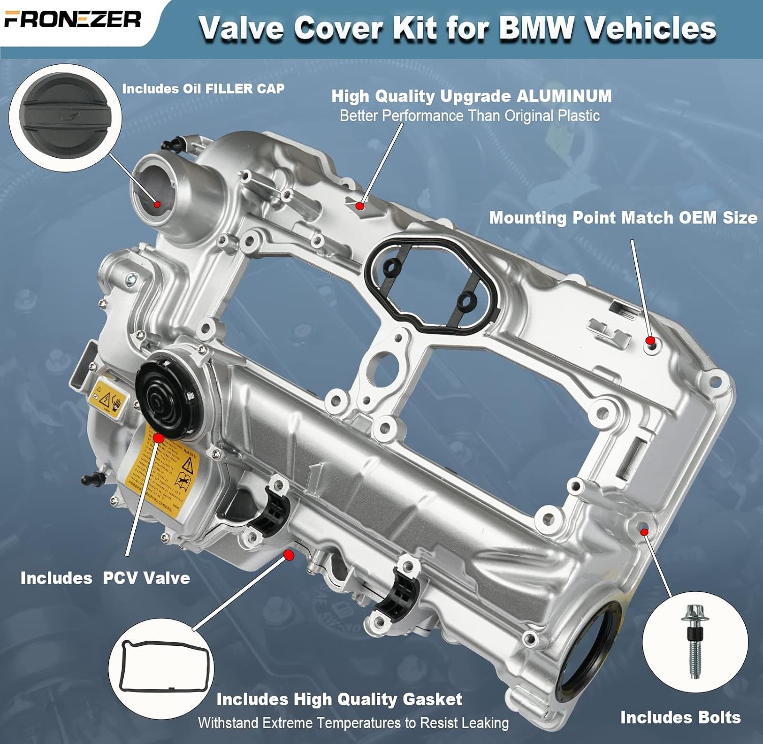 Aluminum N20 Engine Valve Cover Kit with Gasket, Bolts & Oil Filler Cap BMW