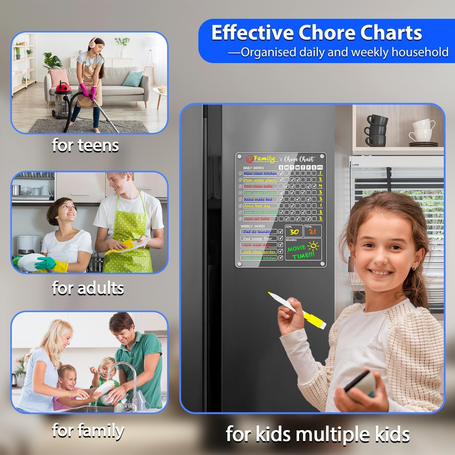 3 Pack Acrylic Magnetic Kids Chore Chart for Multiple Kids & Family on Fridge –