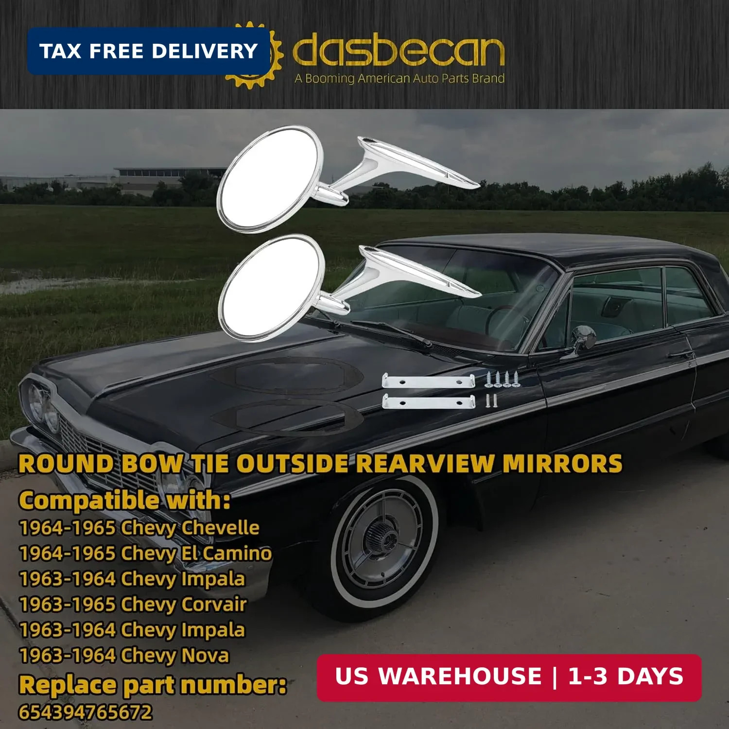 Dasbecan Round Bowtie Outside Mirror for 1963 1964 1965 Chevy Impala Chevelle No