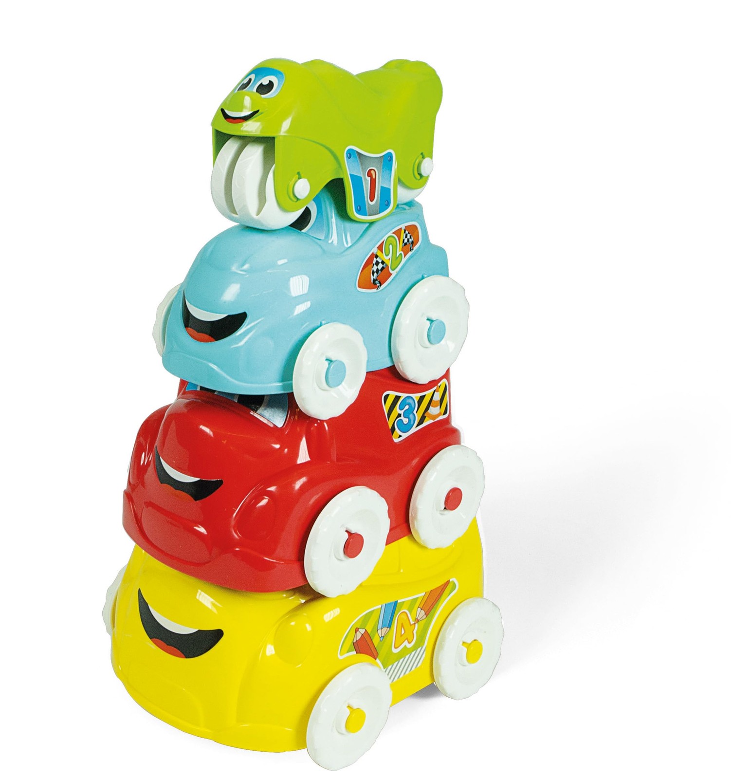 Clementoni- Stacking Vehicle Toy: 4 Piece Playset, Bus, Truck, Car & Motorbike (