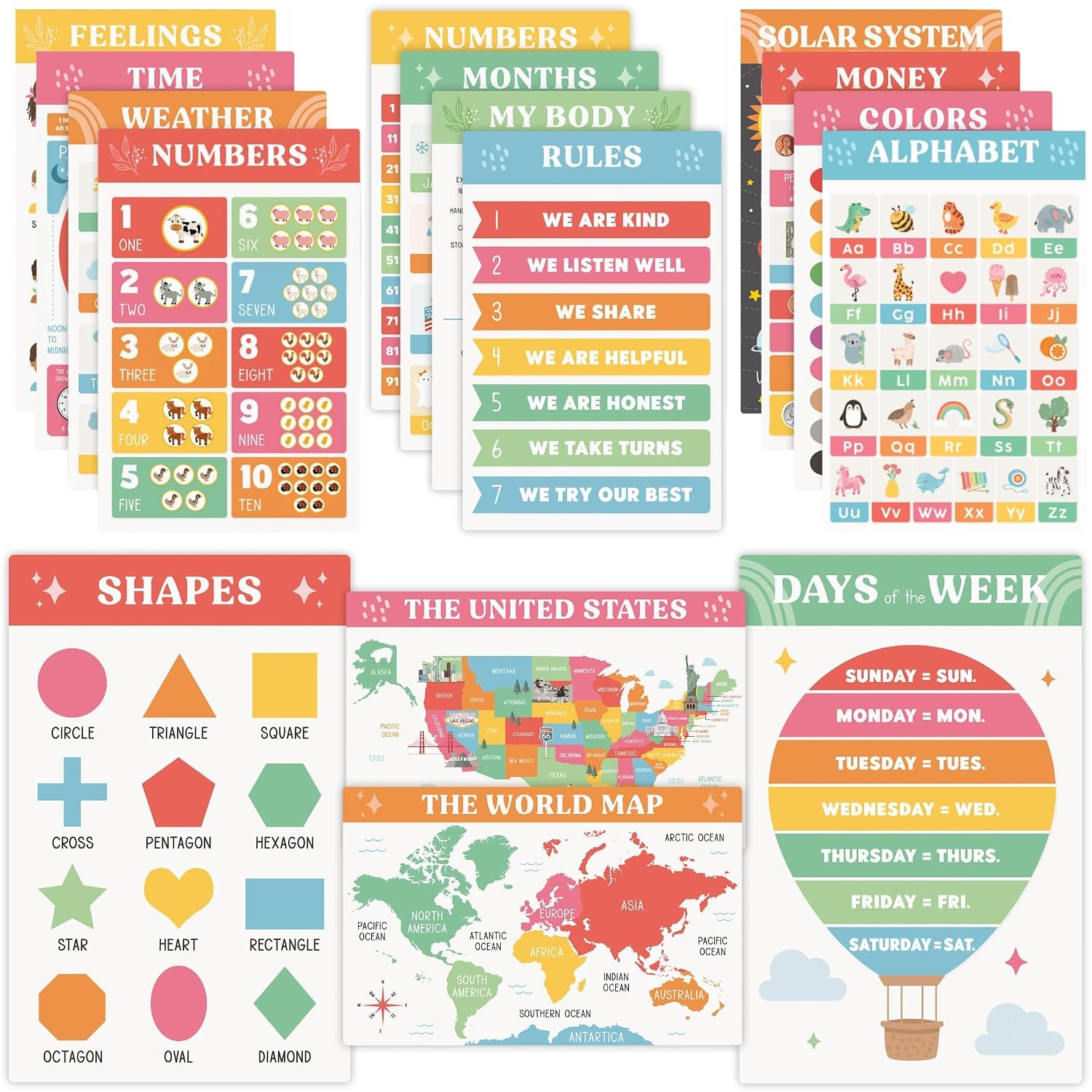 Educational Posters for Toddlers, Learning Posters for Kids, Colorful Reading