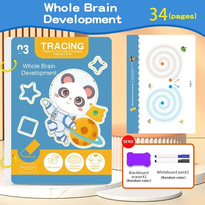 34-Page Children’s Reusable Workbook Set with Erasable Pen – Early Learning of W