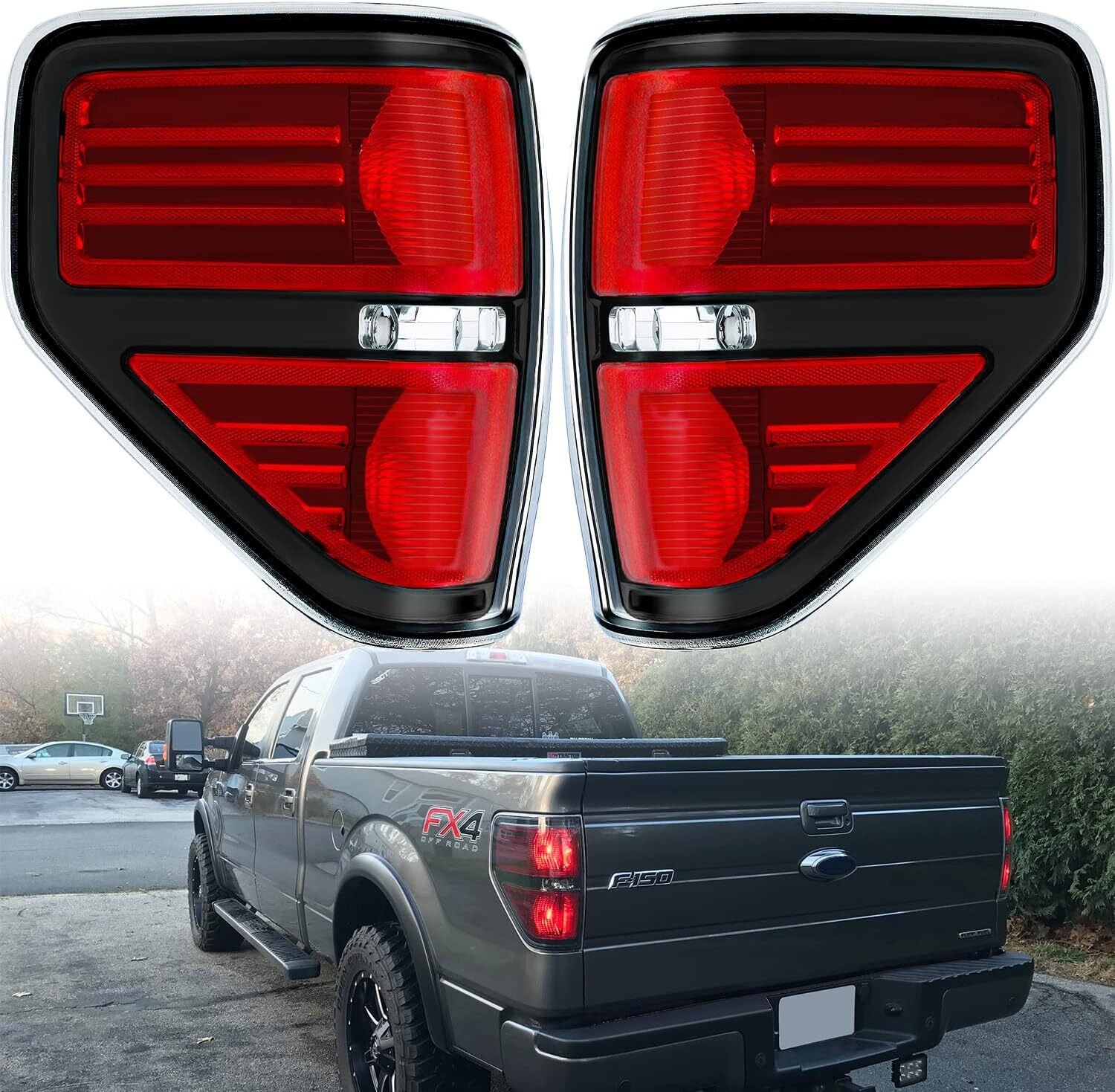 09-14 Ford F150 Tail Lights Brake Signal Red Housing Assembly Pair Black Trim