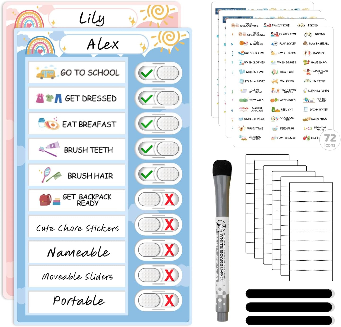2 in 1 Namable Chore Chart for Kids, Dry Erase Morning/Bedtime Routine Chart for