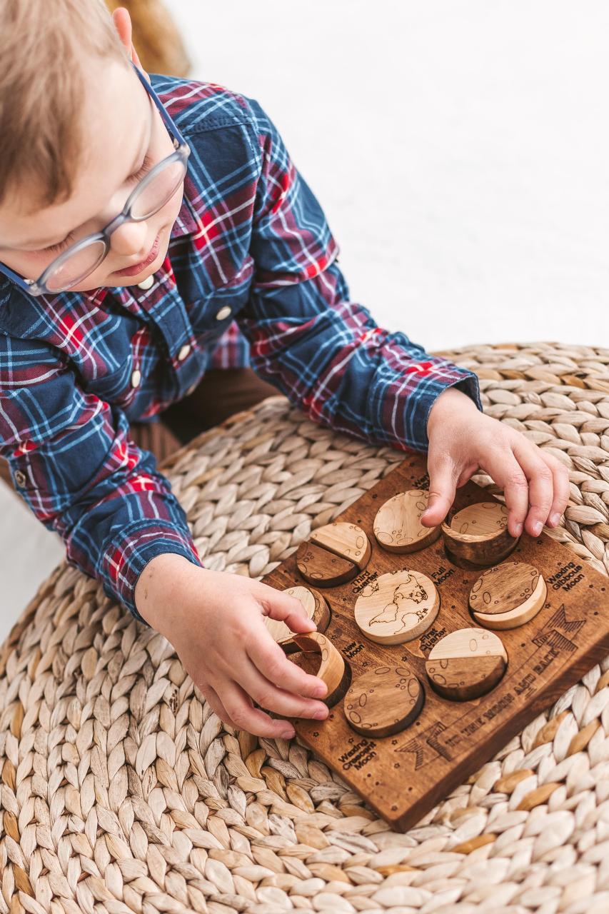 Moon phases puzzle, Wooden educational toy, home school materials wood kids gift