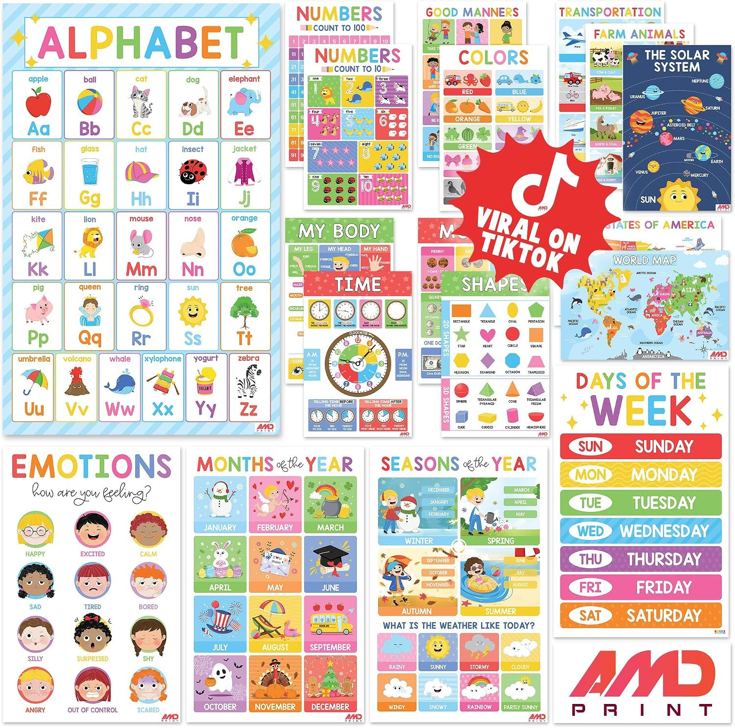 18 Laminated Educational Posters for Toddlers, Preschool Posters for Classroom,