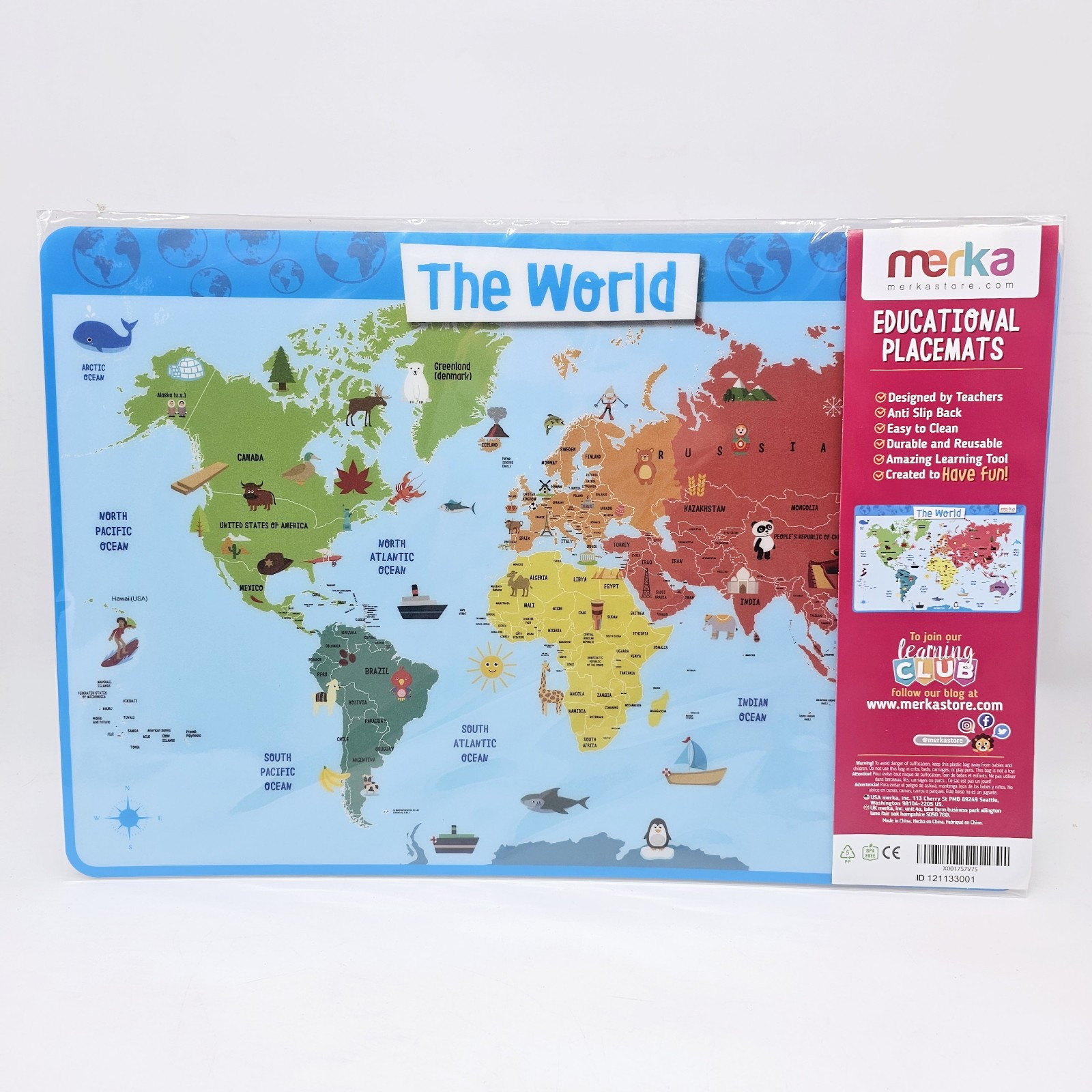 Merka Kids Reusable Placemat Map of the World and Countries Reusable 17.5″ x 12″