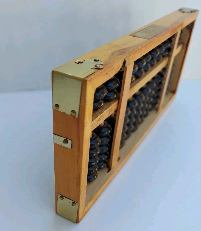 Vintage Abacus 13 Column Wood Calculator 7 Bead Rows 9½ X 4″ Metal Corners