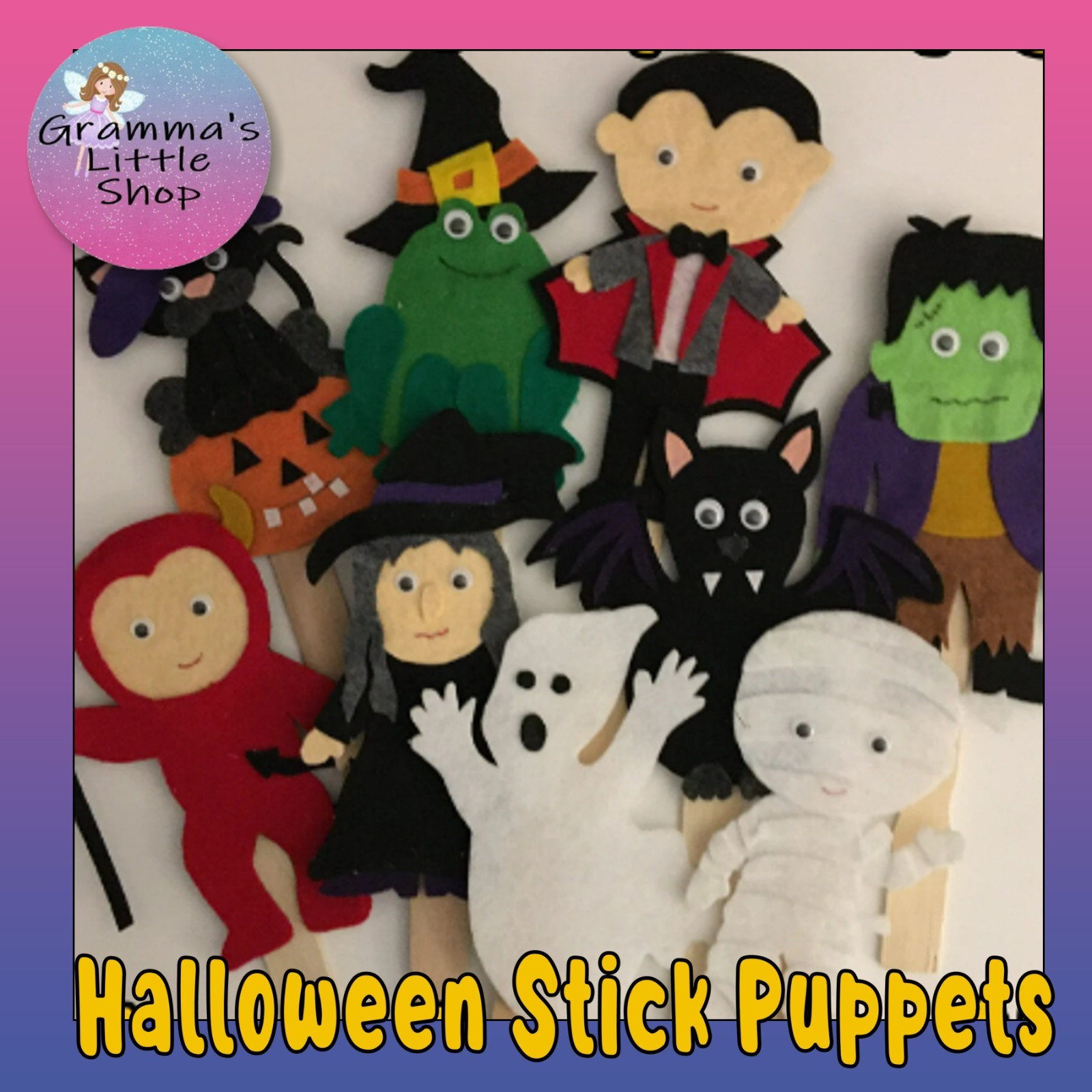 9 Halloween Paint Stick Puppets, Handmade Felt Pieces for Felt Story Board Play