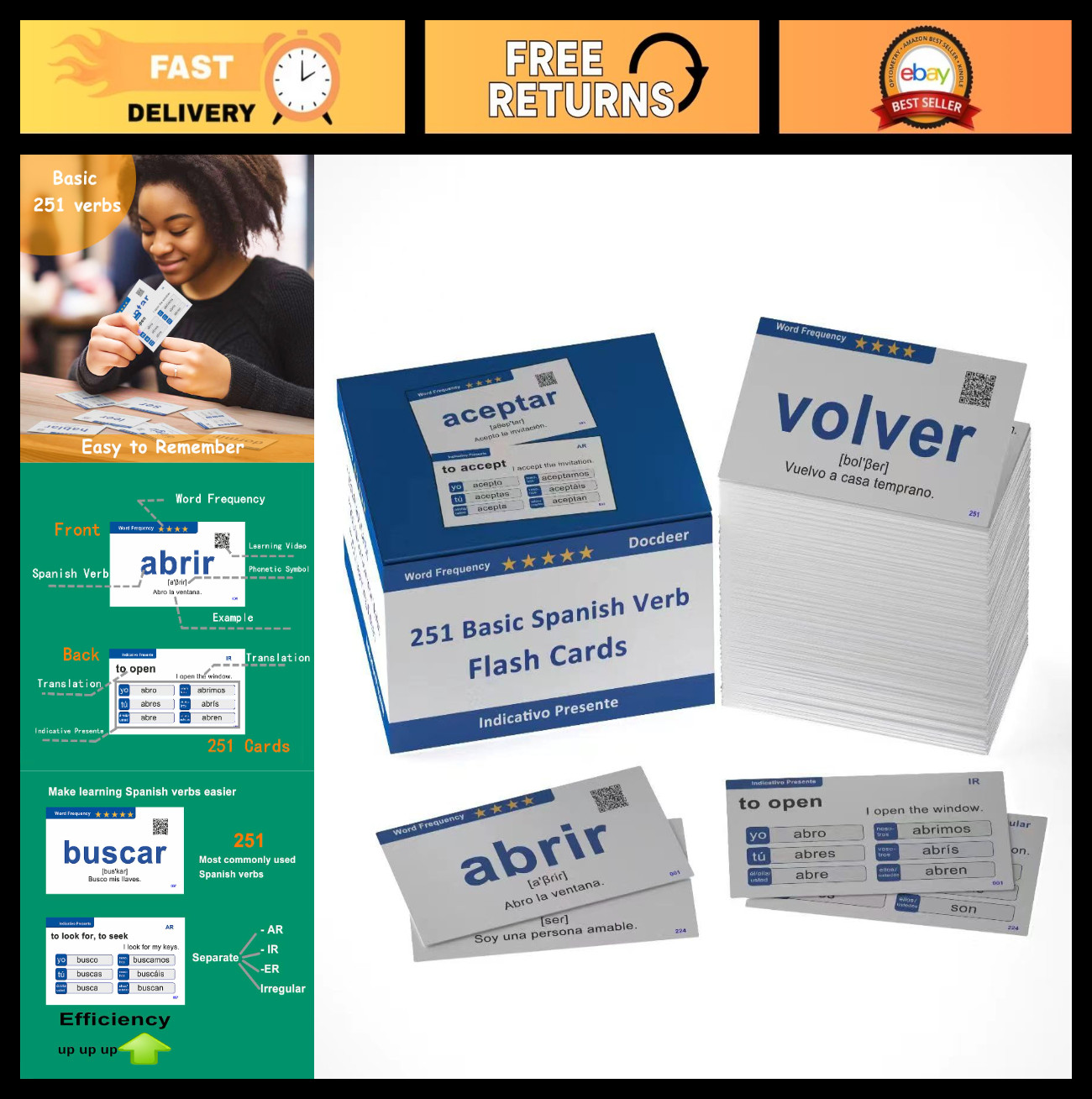 Spanish Verbs Flash Cards for Beginners & Kids – Learn Spanish to English, Mediu