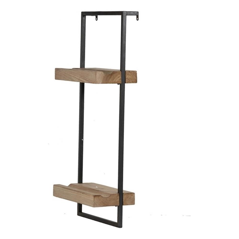 Benjara Yin 27″ Wall Shelf with 2 Tiers- Rectangular Black Iron- Brown Wood