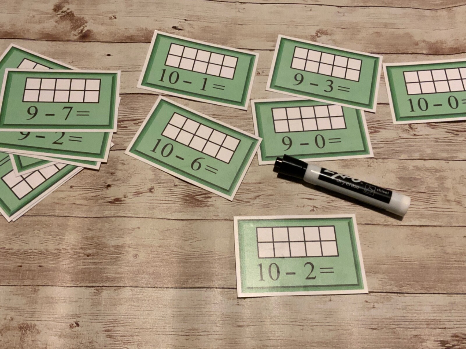 Subtraction Facts Ten Frame Cards – 56 Dry Erase Laminated Card – Kindergarten