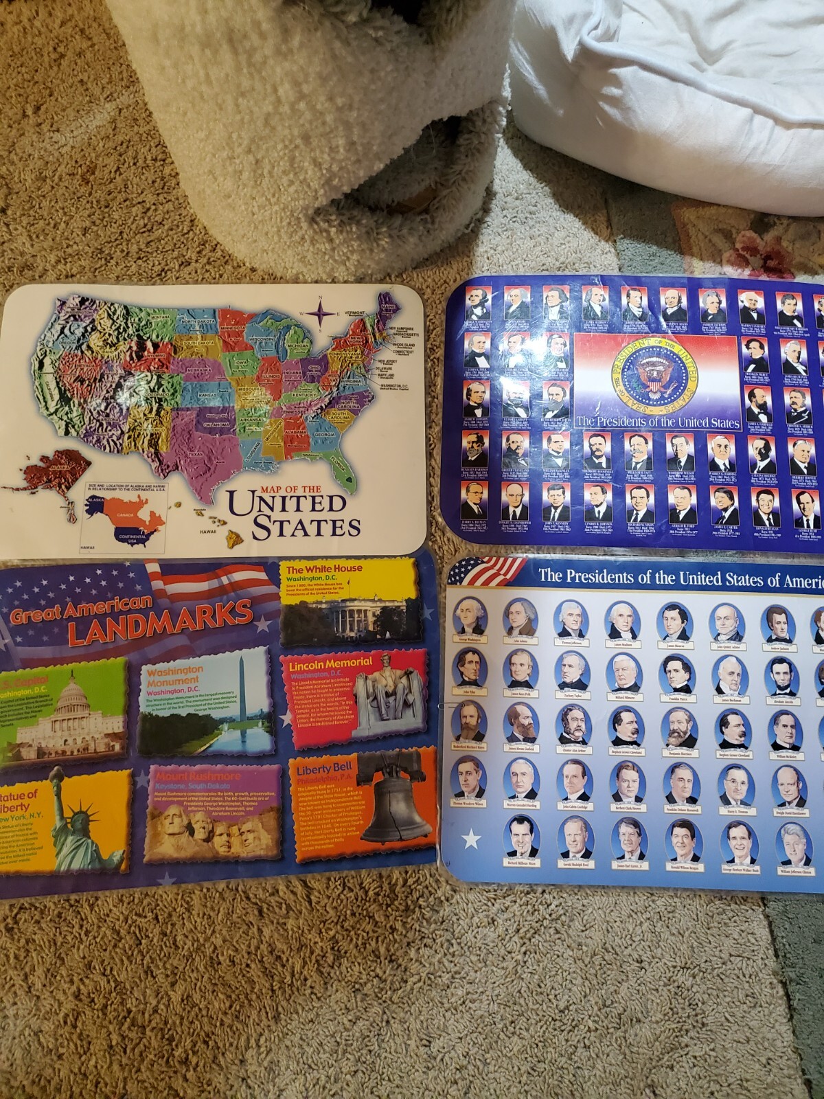 4 History Placemats USA Presidents, Landmarks, and Facts 1993-2002 Vintage