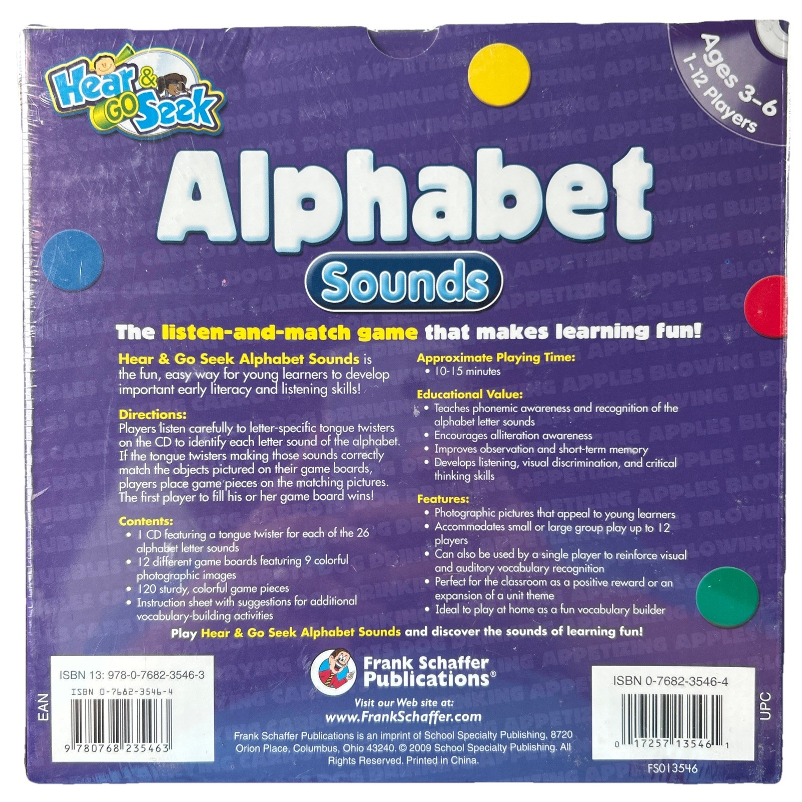 NEW~Frank Schaffer Publications~Hear & Go Seek Alphabet Sounds~CD/Game Board