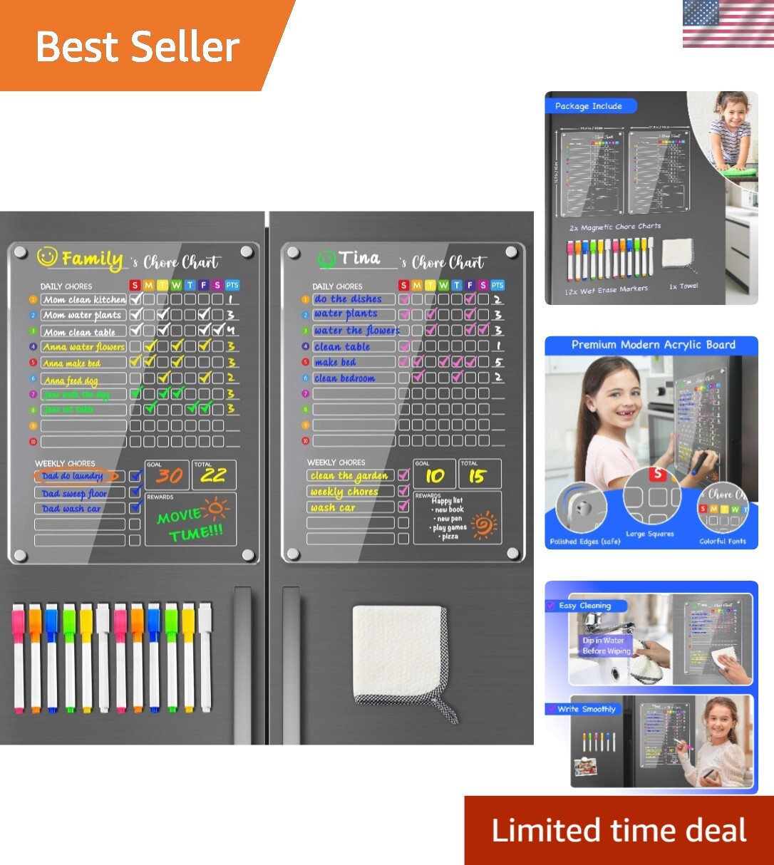 Interactive Magnetic Chore Chart with 12 Markers for Kids – 2PCS, 12″x16″ Design