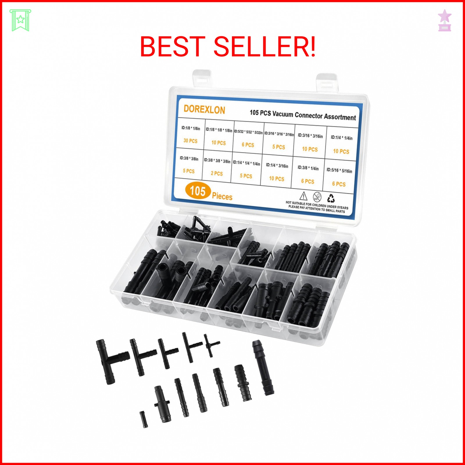 105PCS Automotive Vacuum Connector Assortment, 1/8″ 3/16″ 1/4″ 5/16″ 3/8″ Vacuum