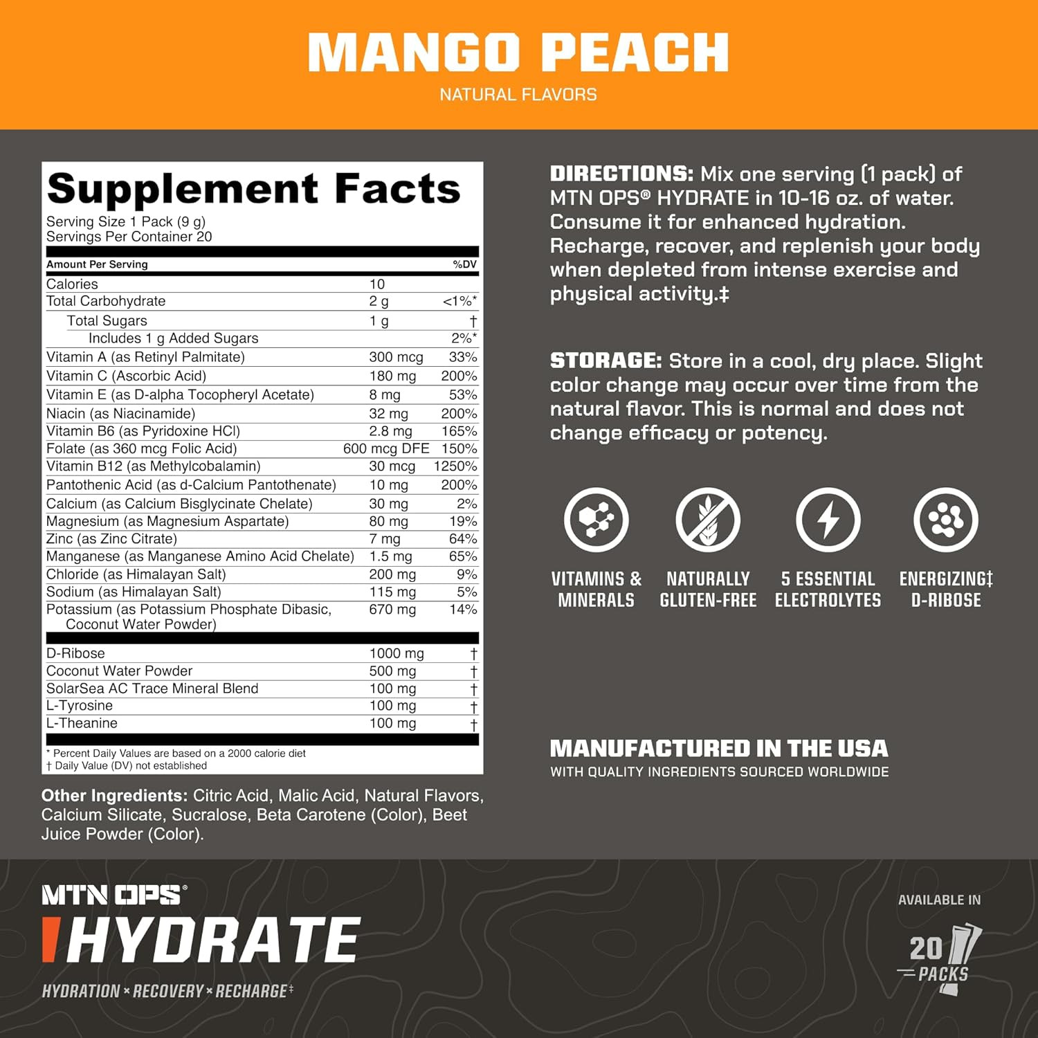 Hydrate Electrolytes Powder Drink Mix, 20 Single Serving On-The-Go Electrolyte P